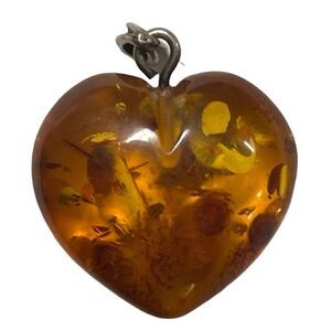 Vintage 925 Sterling Silver Natural Baltic Amber Heart Pendent Women’s Jewelry